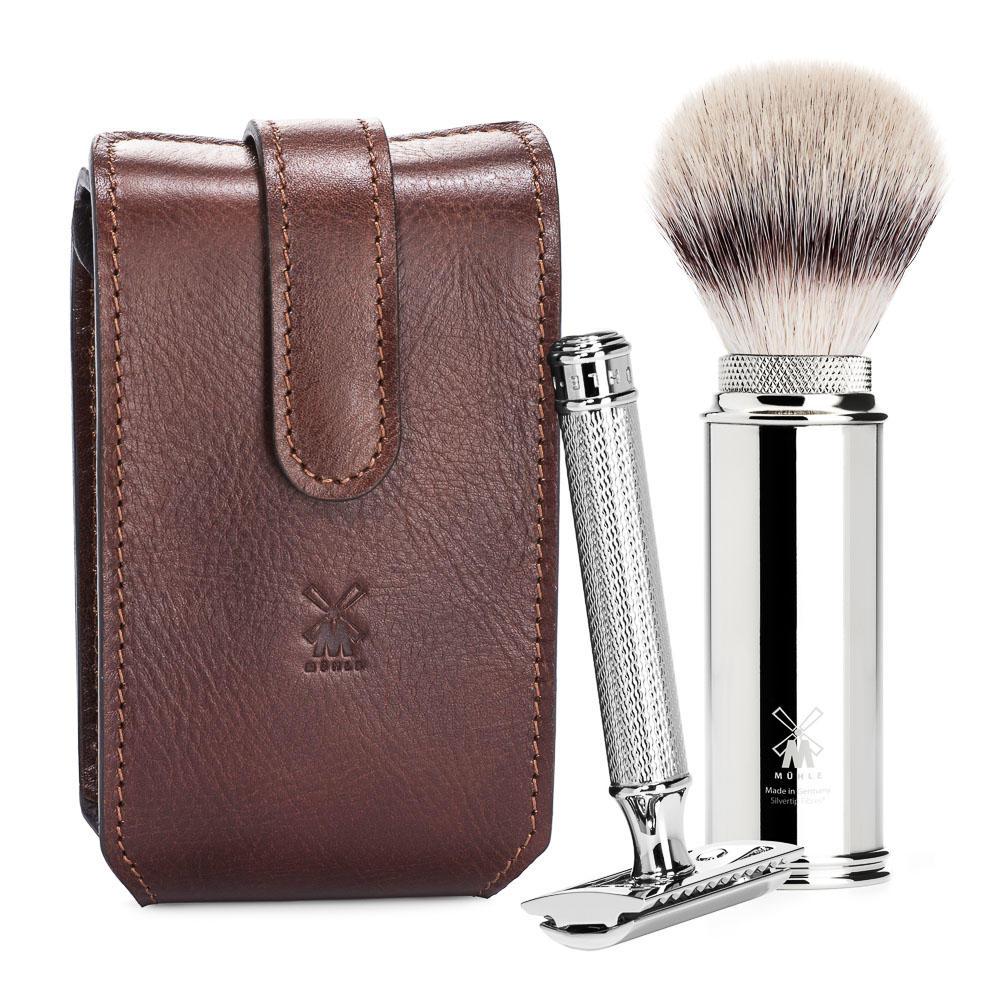 RT2SR MÜHLE TRAVEL BROWN LEATHER CASE, SILVERTIP FIBRE / SAFETY RAZOR TRAVEL SET