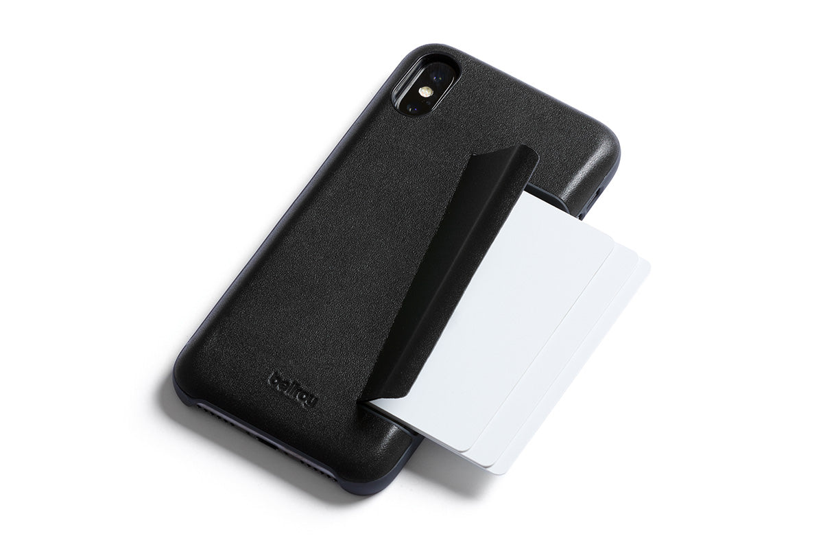 bellroy iphone x wallet case in Navy Sportique Leather External Dimensions 98 66 8.5 mm This Bellroy product is covered for faults in materials and workmanship for three years from original date of purchase when used under normal conditions and for the purpose intended. Bellroy Phone Case 3 Card